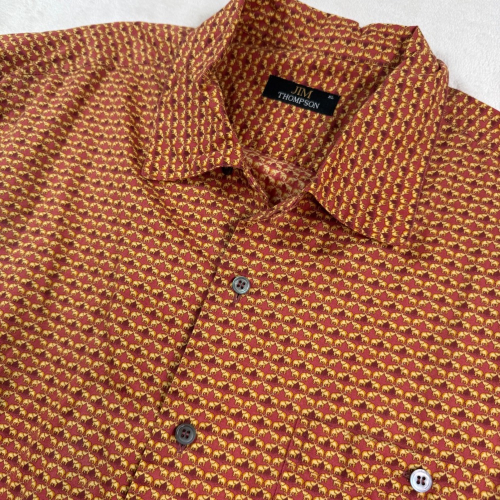 Jim Thompson Mens XL Red Gold Elephant Print Cotton Short Sleeve Button Up Shirt
